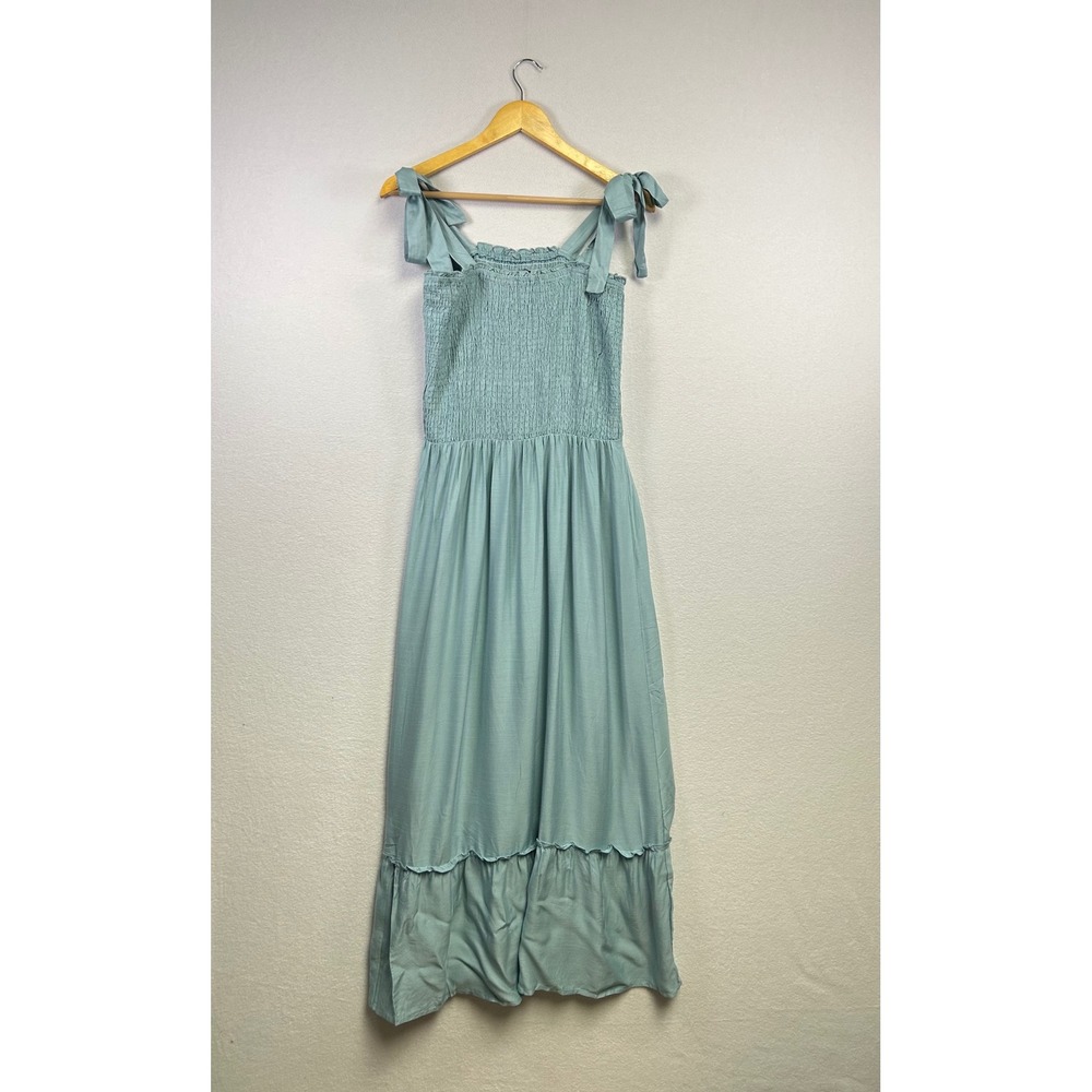 Zesica Smocked Maxi Dress‎ Tie Shoulder Ruffle Hem Teal Blue Large Feminine